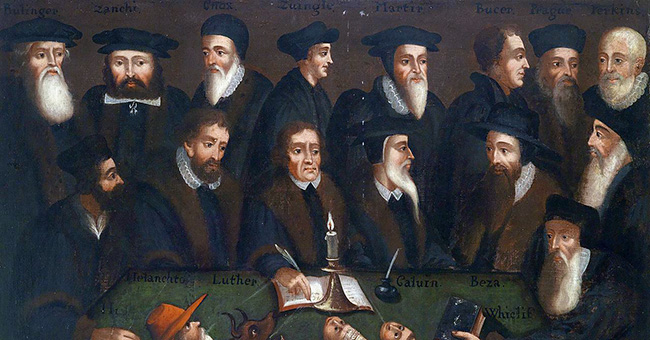 âThe Reformersâ (German School of the Early 17th Century). Pictured: Bullinger, Zanchi, John Knox, Zwingli, Bucer, Matthew Parker, William Perkins, Melanchthon, Martin Luther, John Calvin, Theodore Beza and John Wyclif.
